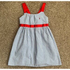 girls seersucker blue/white striped dress w/ red ribbon strap sz 6 EUC